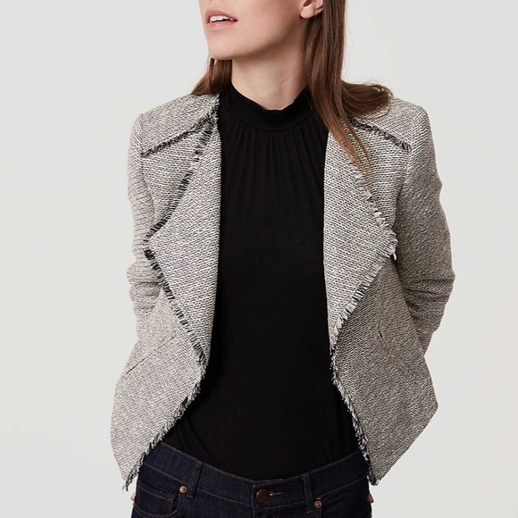 LOFT Jackets & Blazers - LOFT Fringe Tweed Jacket Black White Size 14